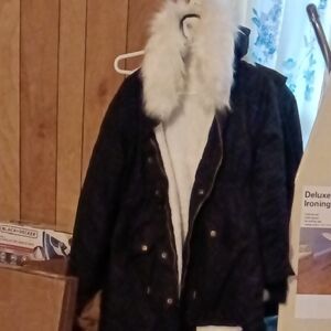 Black Coat with White Fur Trim Hood.